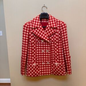 Vintage Red and White Checkered Pea Coat
